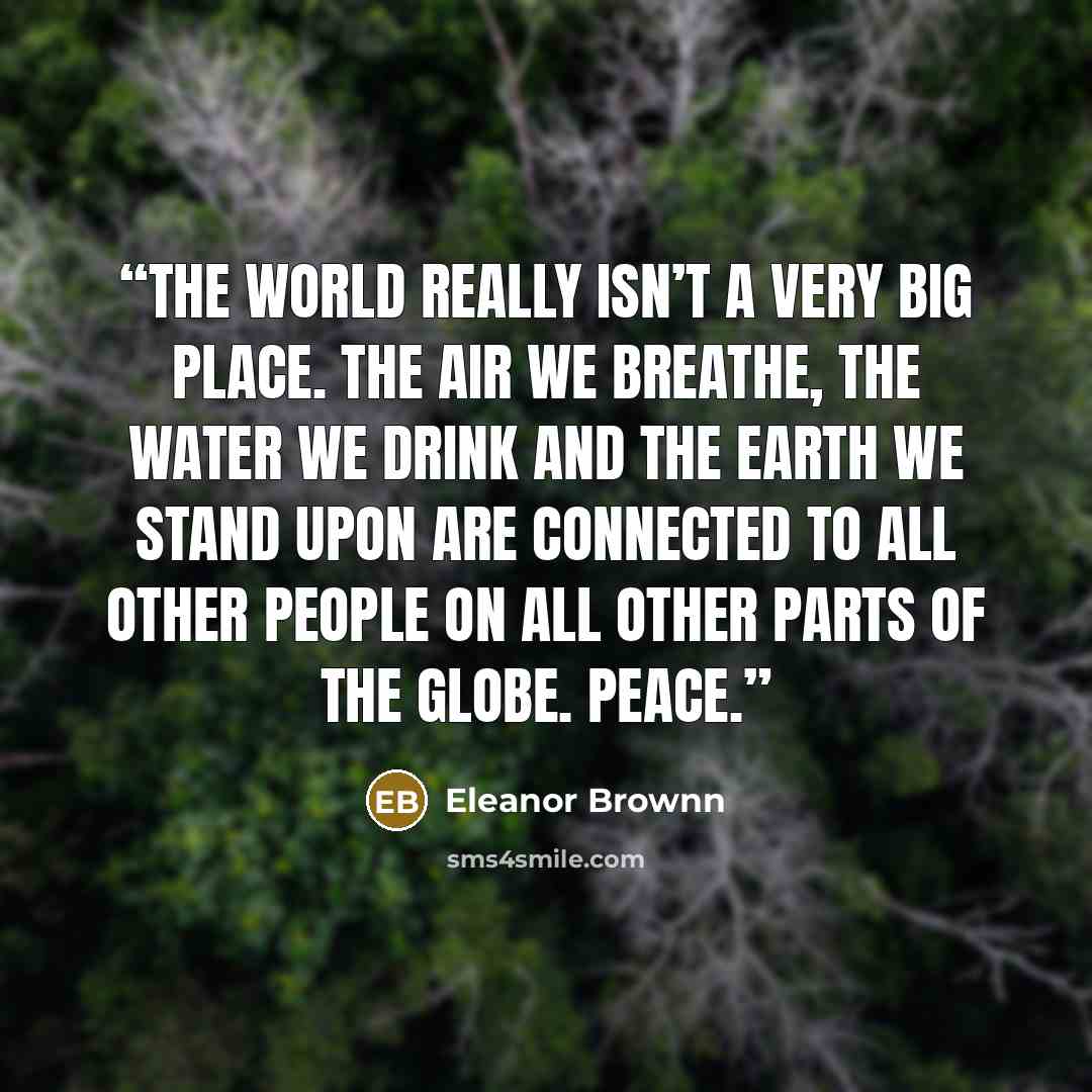 “The world really isn’t a very big place. The air we breathe, the water we drink and the earth we stand upon are connected to all other people on all other parts of the globe. Peace.” quote by Eleanor Brownn