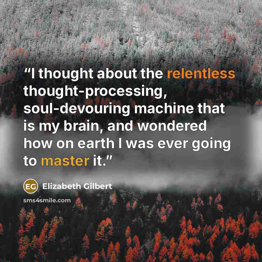 “I thought about the relentless thought-processing, soul-devouring machine that is my brain, and wondered how on earth I was ever going to master it.” quote by Elizabeth Gilbert