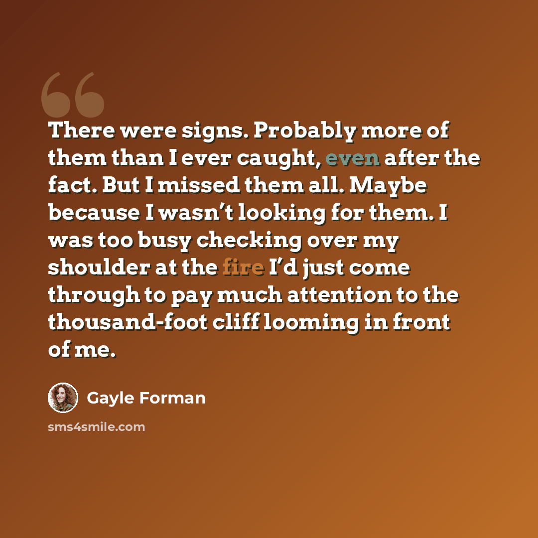 “There were signs. Probably more of them than I ever caught, even after the fact. But I missed them all. Maybe because I wasn’t looking for them. I was too busy checking over my shoulder at the fire I’d just come through to pay much attention to the thousand-foot cliff looming in front of me.” quote by Gayle Forman