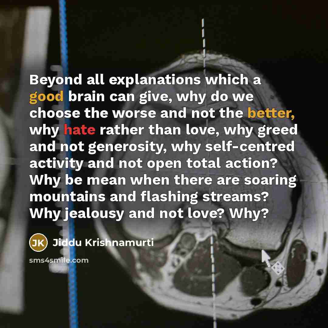 “Beyond all explanations which a good brain can give, why do we choose the worse and not the better, why hate rather than love, why greed and not generosity, why self-centred activity and not open total action? Why be mean when there are soaring mountains and flashing streams? Why jealousy and not…” quote by Jiddu Krishnamurti