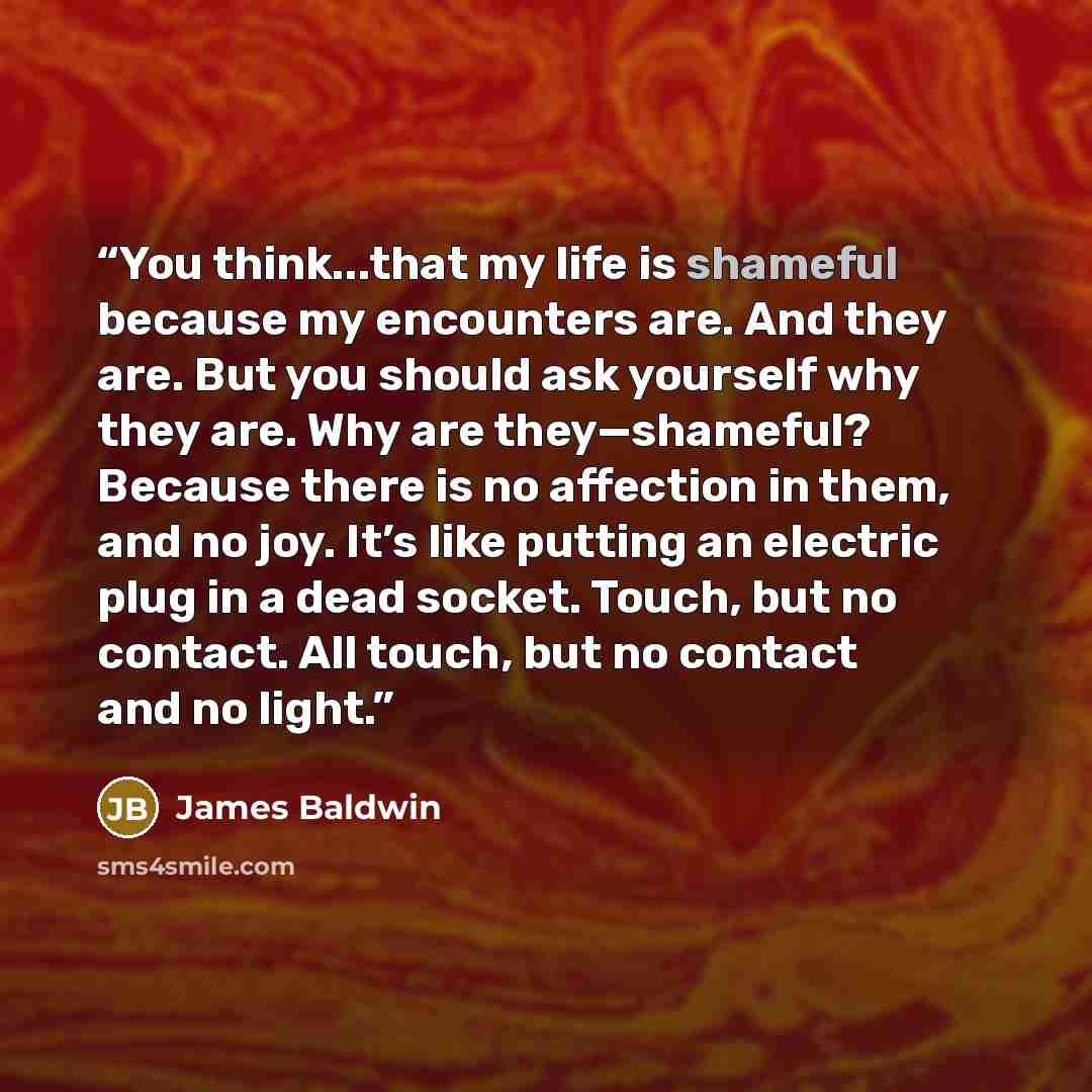 “You think...that my life is shameful because my encounters are. And they are. But you should ask yourself why they are. Why are they—shameful? Because there is no affection in them, and no joy. It’s like putting an electric plug in a dead socket. Touch, but no contact. All touch, but no contact…” quote by James Baldwin