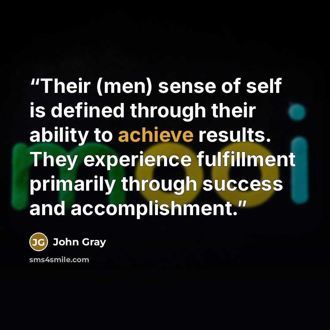 “Their (men) sense of self is defined through their ability to achieve results. They experience fulfillment primarily through success and accomplishment.” quote by John Gray