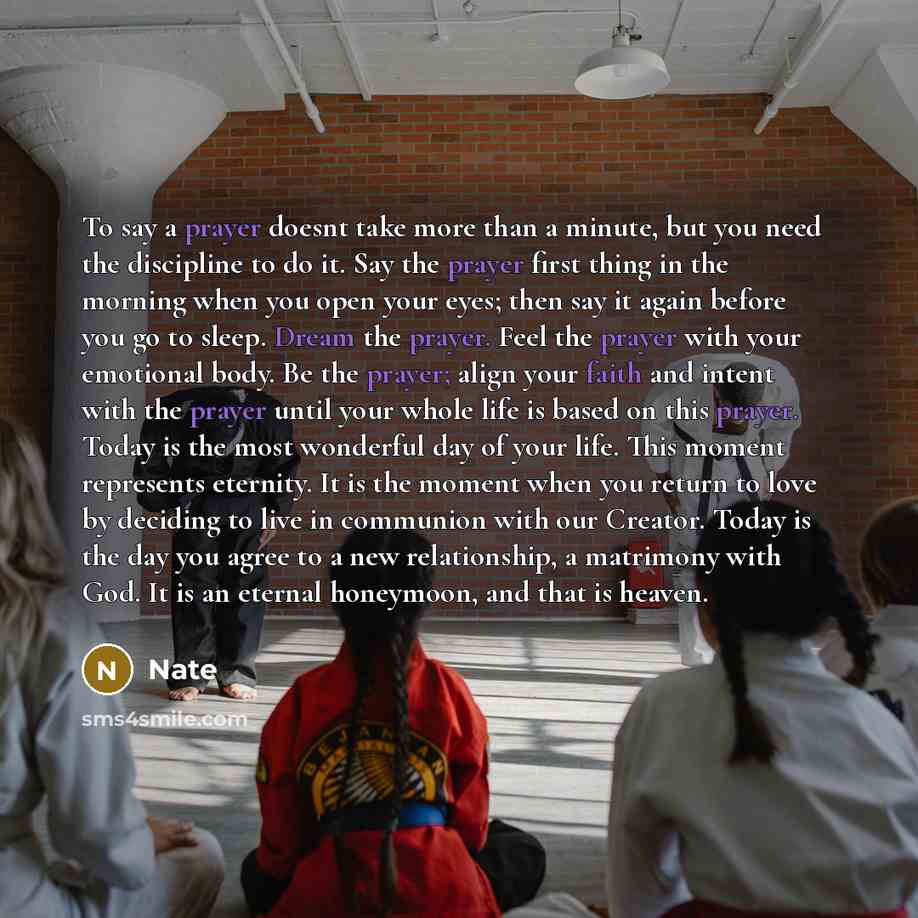 “To say a prayer doesnt take more than a minute, but you need the discipline to do it. Say the prayer first thing in the morning when you open your eyes; then say it again before you go to sleep. Dream the prayer. Feel the prayer with your emotional body. Be the prayer; align your faith and intent…” quote by Nate