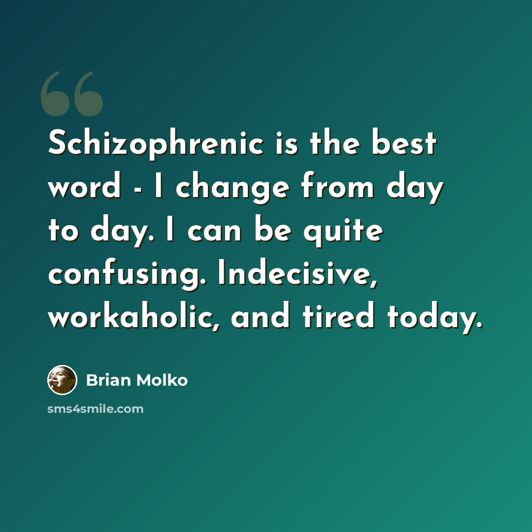 “Schizophrenic is the best word - I change from day to day. I can be quite confusing. Indecisive, workaholic, and tired today.” quote by Brian Molko