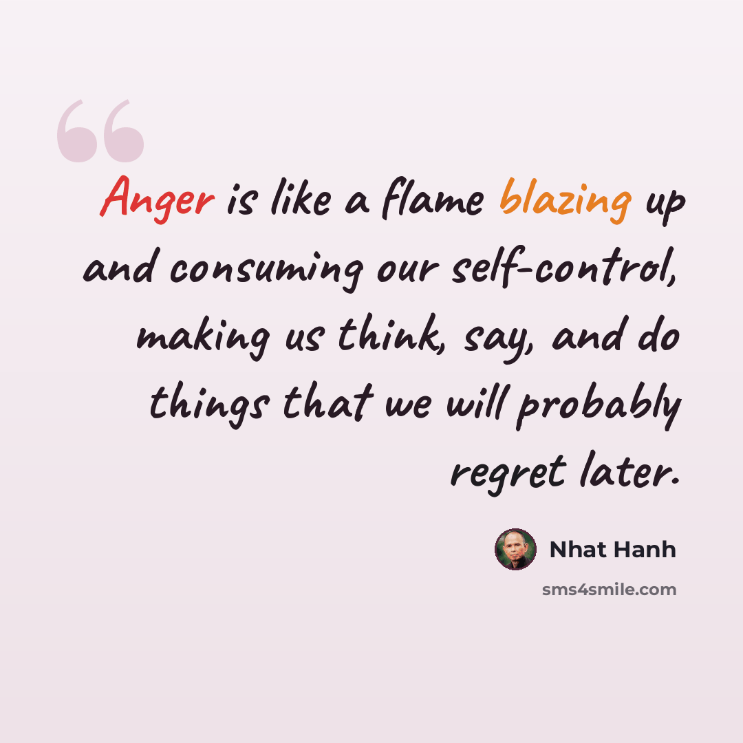 “Anger is like a flame blazing up and consuming our self-control, making us think, say, and do things that we will probably regret later.” quote by Nhat Hanh