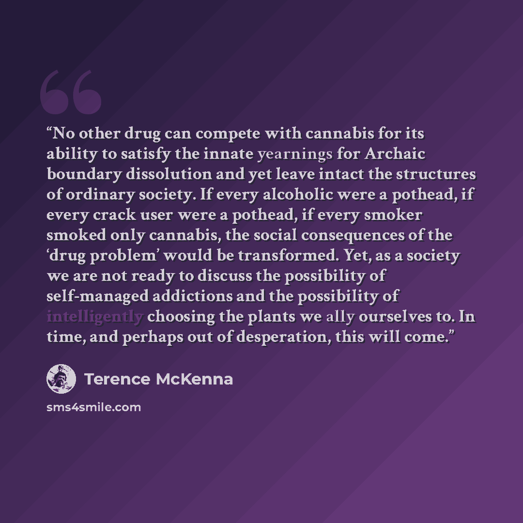 “No other drug can compete with cannabis for its ability to satisfy the innate yearnings for Archaic boundary dissolution and yet leave intact the structures of ordinary society. If every alcoholic were a pothead, if every crack user were a pothead, if every smoker smoked only cannabis, the social…” quote by Terence McKenna