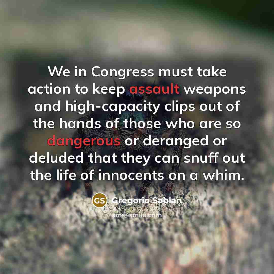 “We in Congress must take action to keep assault weapons and high-capacity clips out of the hands of those who are so dangerous or deranged or deluded that they can snuff out the life of innocents on a whim.” quote by Gregorio Sablan