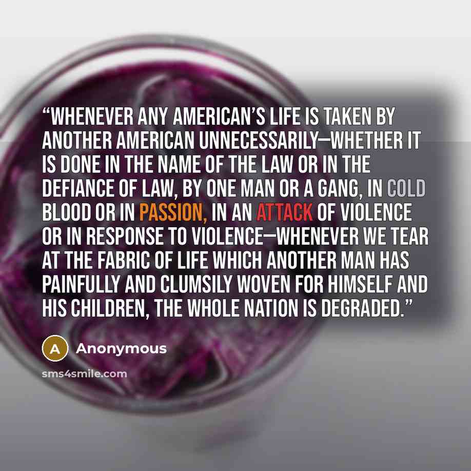 “Whenever any American’s life is taken by another American unnecessarily—whether it is done in the name of the law or in the defiance of law, by one man or a gang, in cold blood or in passion, in an attack of violence or in response to violence—whenever we tear at the fabric of life which another…” quote by Anonymous