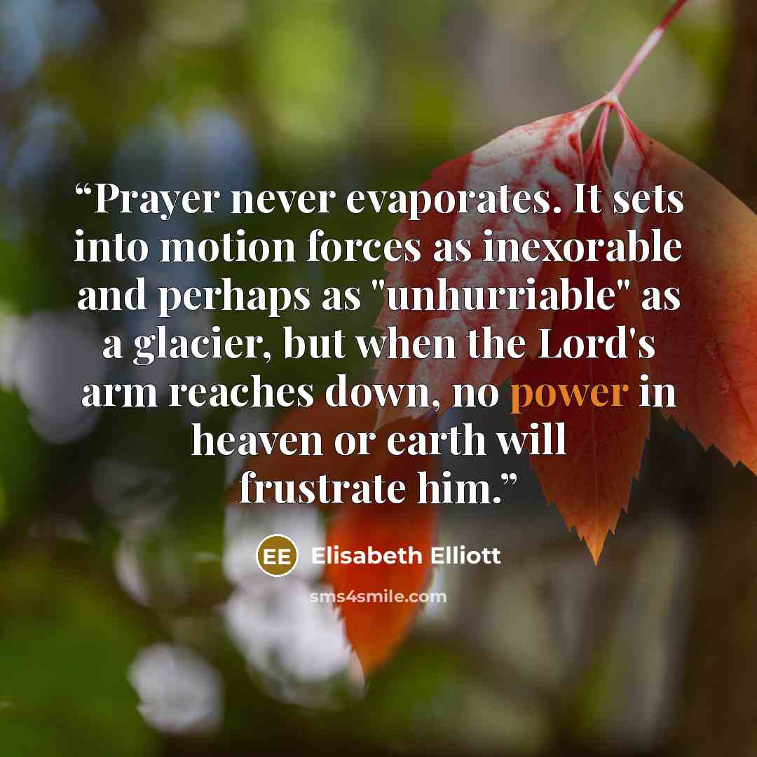 “Prayer never evaporates. It sets into motion forces as inexorable and perhaps as "unhurriable" as a glacier, but when the Lord's arm reaches down, no power in heaven or earth will frustrate him.” quote by Elisabeth Elliott