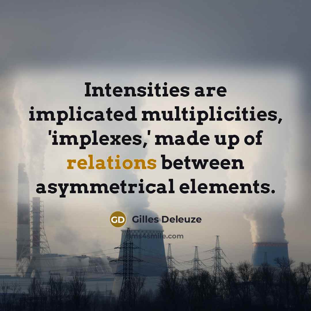 “Intensities are implicated multiplicities, 'implexes,' made up of relations between asymmetrical elements.” quote by Gilles Deleuze