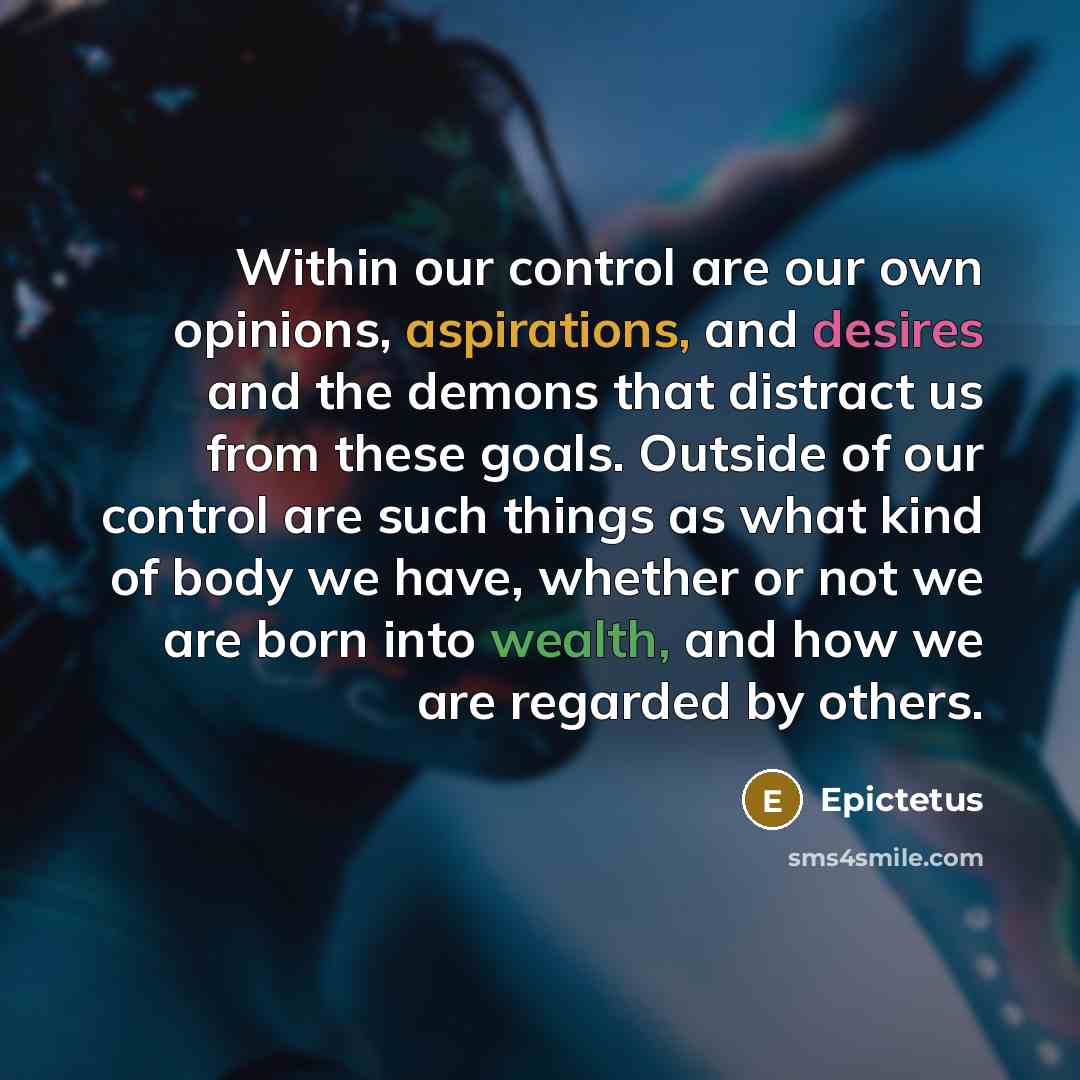 “Within our control are our own opinions, aspirations, and desires and the demons that distract us from these goals. Outside of our control are such things as what kind of body we have, whether or not we are born into wealth, and how we are regarded by others.” quote by Epictetus