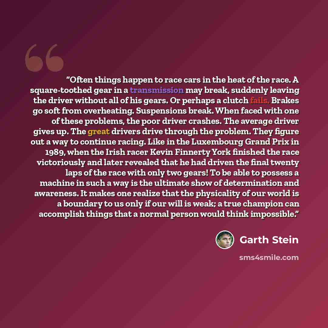 “Often things happen to race cars in the heat of the race. A square-toothed gear in a transmission may break, suddenly leaving the driver without all of his gears. Or perhaps a clutch fails. Brakes go soft from overheating. Suspensions break. When faced with one of these problems, the poor driver…” quote by Garth Stein