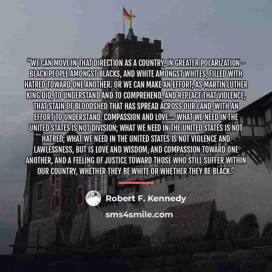 “We can move in that direction as a country, in greater polarization - black people amongst blacks, and white amongst whites, filled with hatred toward one another. Or we can make an effort, as Martin Luther King did, to understand and to comprehend, and replace that violence, that stain of…” quote by Robert F. Kennedy