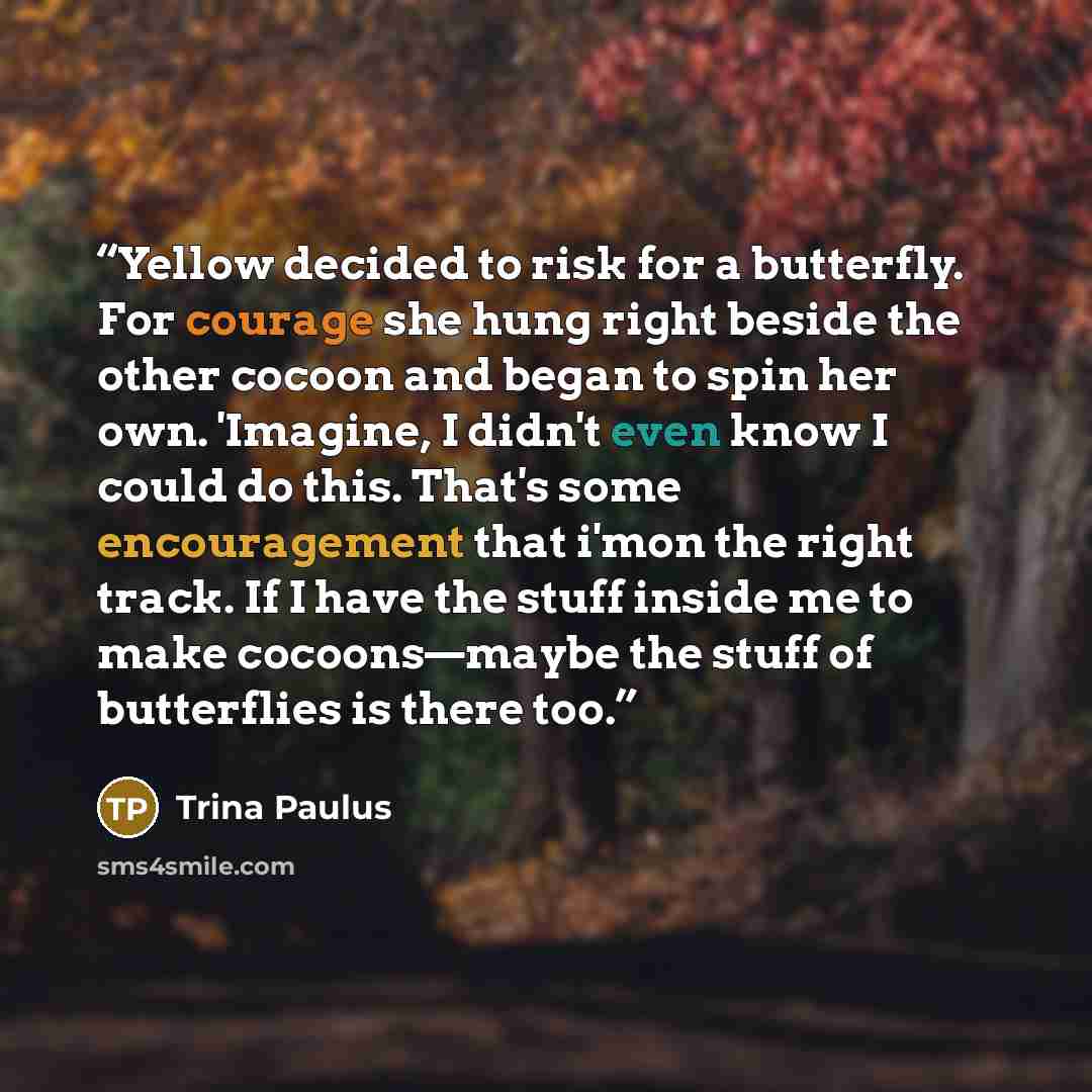 “Yellow decided to risk for a butterfly. For courage she hung right beside the other cocoon and began to spin her own. 'Imagine, I didn't even know I could do this. That's some encouragement that i'mon the right track. If I have the stuff inside me to make cocoons—maybe the stuff of butterflies is…” quote by Trina Paulus