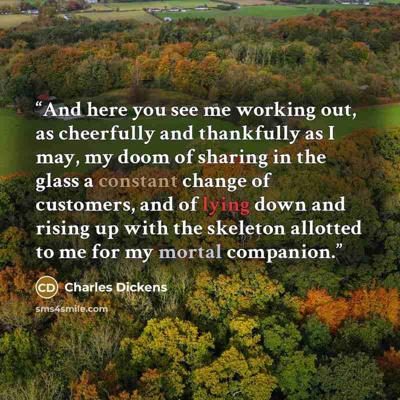 “And here you see me working out, as cheerfully and thankfully as I may, my doom of sharing in the glass a constant change of customers, and of lying down and rising up with the skeleton allotted to me for my mortal companion.” quote by Charles Dickens