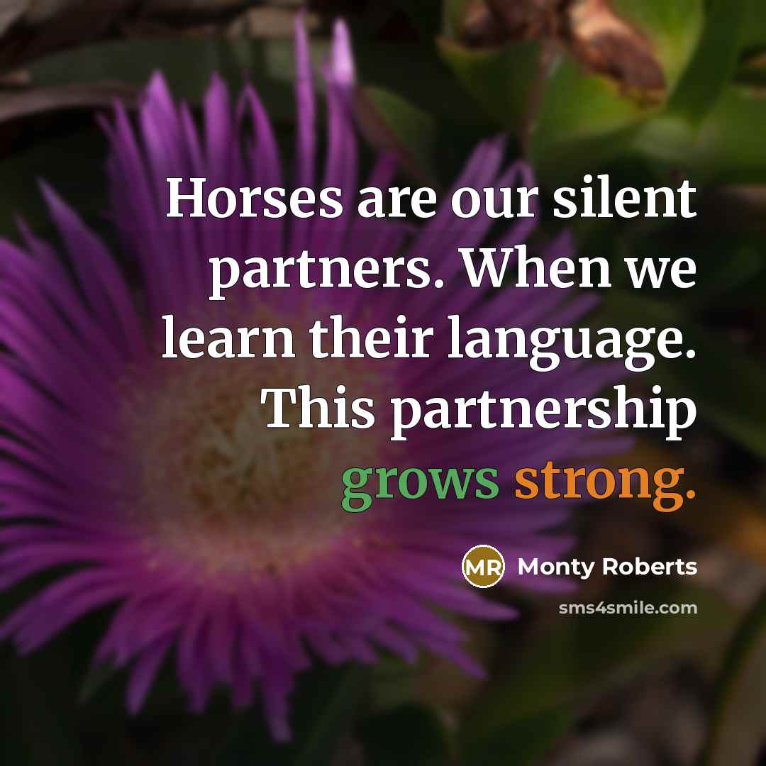 “Horses are our silent partners. When we learn their language. This partnership grows strong.” quote by Monty Roberts