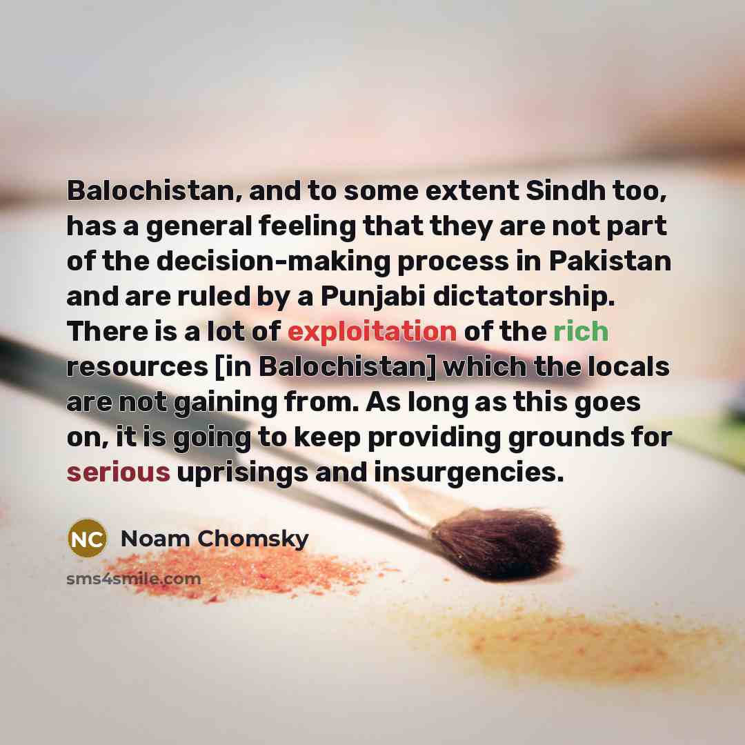 “Balochistan, and to some extent Sindh too, has a general feeling that they are not part of the decision-making process in Pakistan and are ruled by a Punjabi dictatorship. There is a lot of exploitation of the rich resources [in Balochistan] which the locals are not gaining from. As long as this…” quote by Noam Chomsky