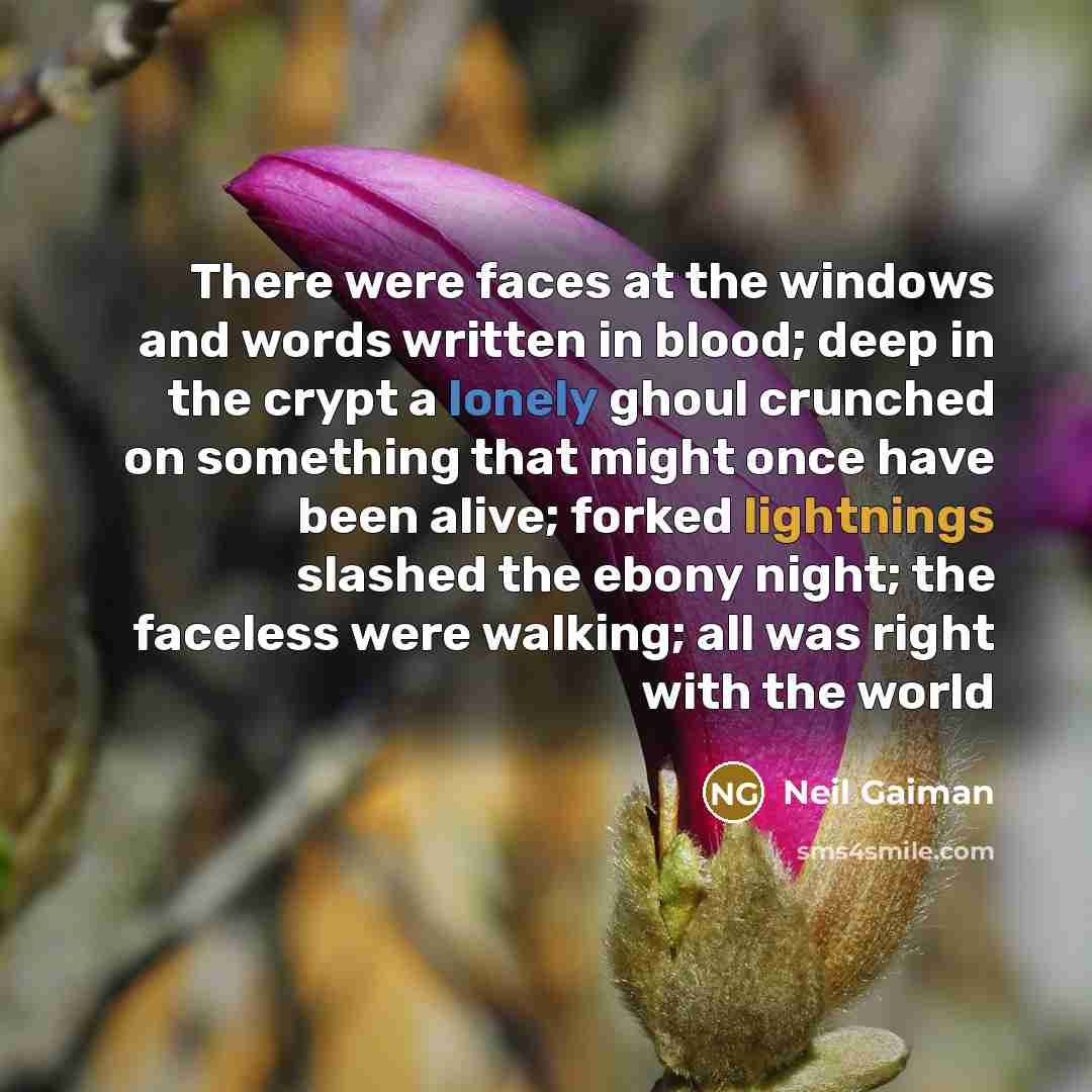 “There were faces at the windows and words written in blood; deep in the crypt a lonely ghoul crunched on something that might once have been alive; forked lightnings slashed the ebony night; the faceless were walking; all was right with the world” quote by Neil Gaiman