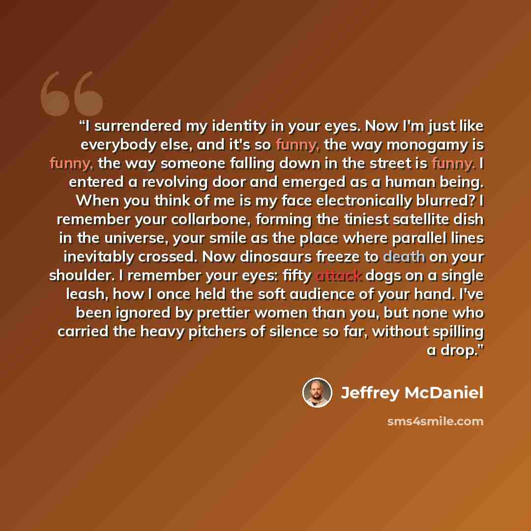 “I surrendered my identity in your eyes. Now I'm just like everybody else, and it's so funny, the way monogamy is funny, the way someone falling down in the street is funny. I entered a revolving door and emerged as a human being. When you think of me is my face electronically blurred? I remember…” quote by Jeffrey McDaniel