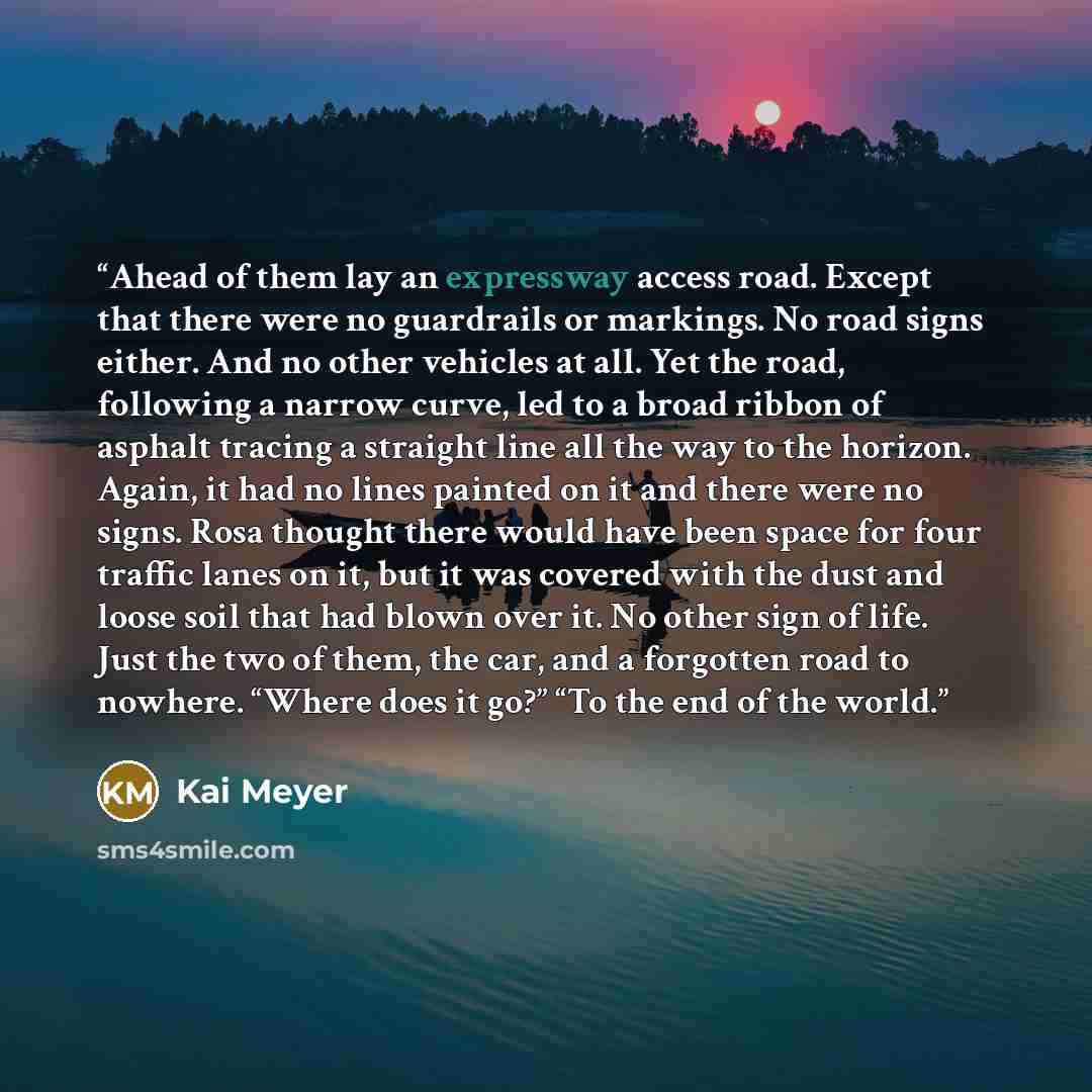 “Ahead of them lay an expressway access road. Except that there were no guardrails or markings. No road signs either. And no other vehicles at all. Yet the road, following a narrow curve, led to a broad ribbon of asphalt tracing a straight line all the way to the horizon. Again, it had no lines…” quote by Kai Meyer