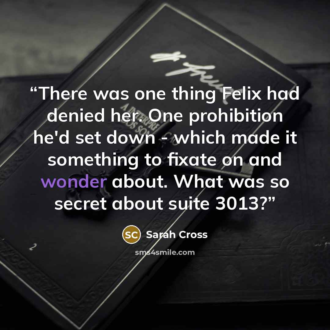 “There was one thing Felix had denied her. One prohibition he'd set down - which made it something to fixate on and wonder about. What was so secret about suite 3013?” quote by Sarah Cross