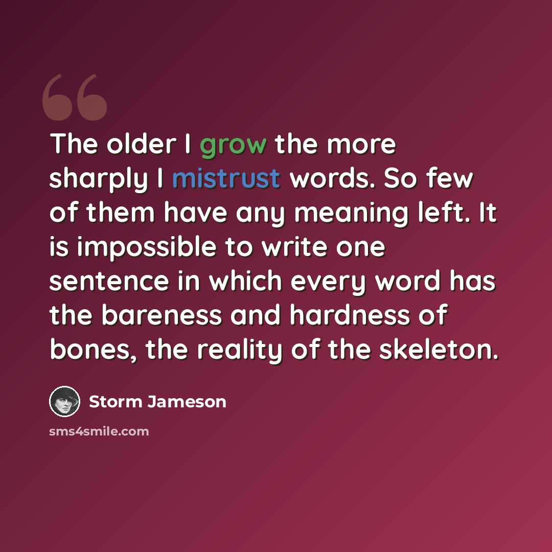“The older I grow the more sharply I mistrust words. So few of them have any meaning left. It is impossible to write one sentence in which every word has the bareness and hardness of bones, the reality of the skeleton.” quote by Storm Jameson