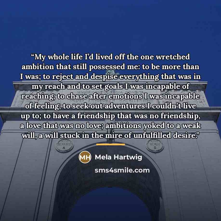 “My whole life I’d lived off the one wretched ambition that still possessed me: to be more than I was; to reject and despise everything that was in my reach and to set goals I was incapable of reaching; to chase after emotions I was incapable of feeling; to seek out adventures I couldn’t live up…” quote by Mela Hartwig