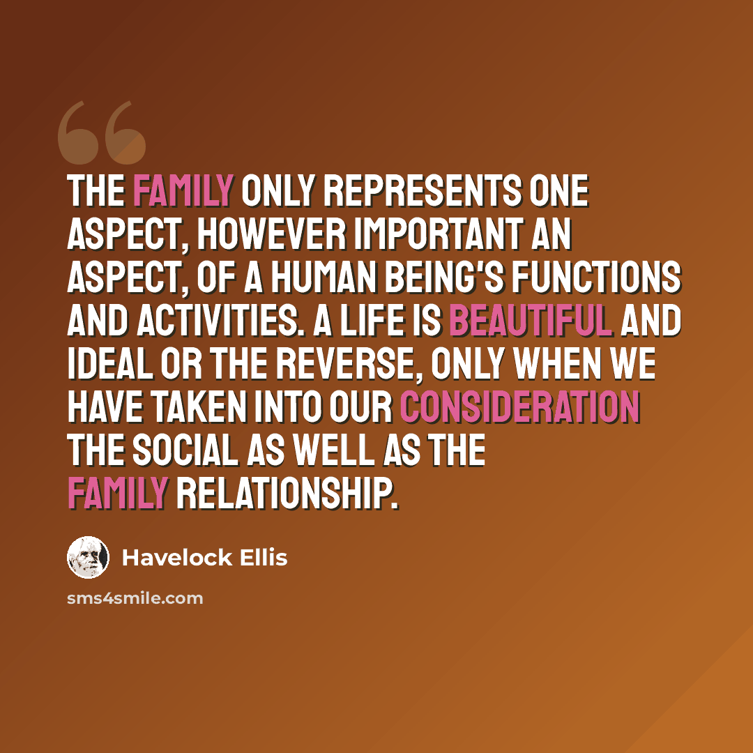 “The family only represents one aspect, however important an aspect, of a human being's functions and activities. A life is beautiful and ideal or the reverse, only when we have taken into our consideration the social as well as the family relationship.” quote by Havelock Ellis