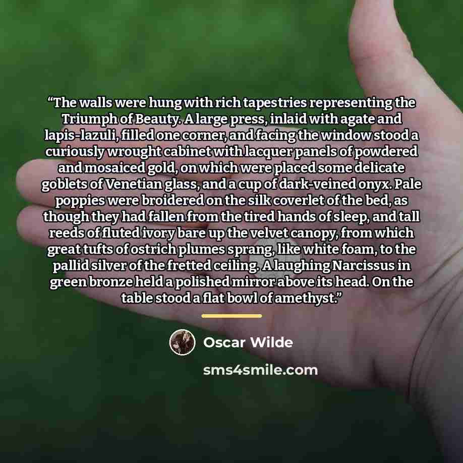 “The walls were hung with rich tapestries representing the Triumph of Beauty. A large press, inlaid with agate and lapis-lazuli, filled one corner, and facing the window stood a curiously wrought cabinet with lacquer panels of powdered and mosaiced gold, on which were placed some delicate goblets…” quote by Oscar Wilde