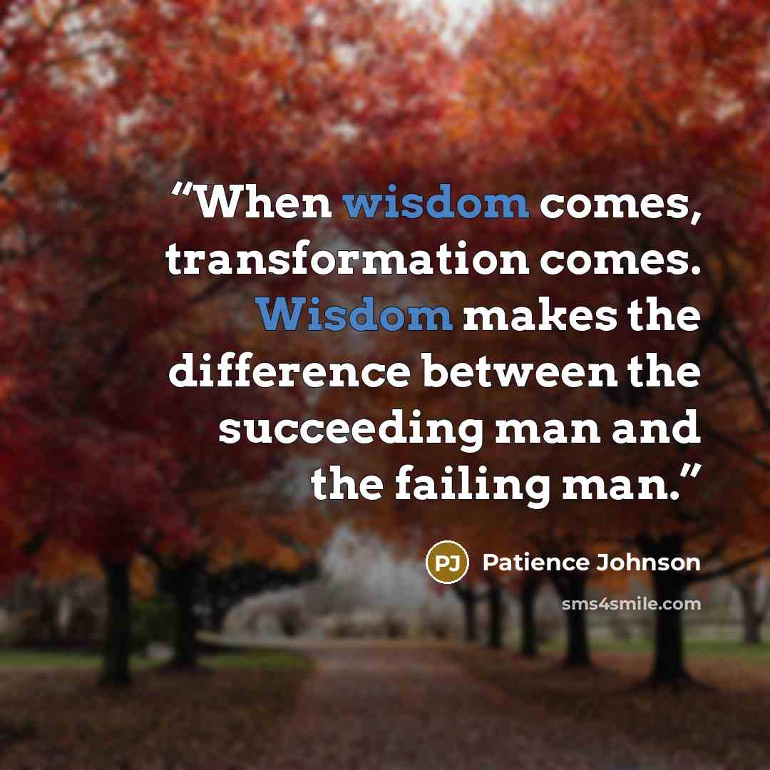 “When wisdom comes, transformation comes. Wisdom makes the difference between the succeeding man and the failing man.” quote by Patience Johnson