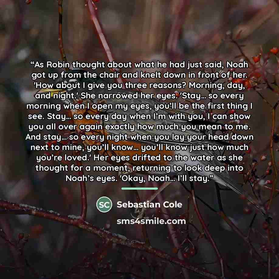 “As Robin thought about what he had just said, Noah got up from the chair and knelt down in front of her. 'How about I give you three reasons? Morning, day, and night.' She narrowed her eyes. 'Stay… so every morning when I open my eyes, you’ll be the first thing I see. Stay… so every day when I’m…” quote by Sebastian Cole