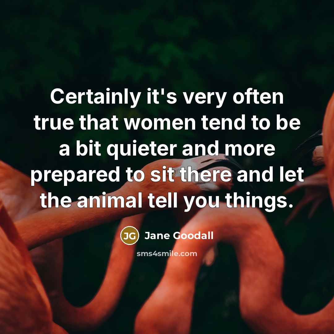 “Certainly it's very often true that women tend to be a bit quieter and more prepared to sit there and let the animal tell you things.” quote by Jane Goodall