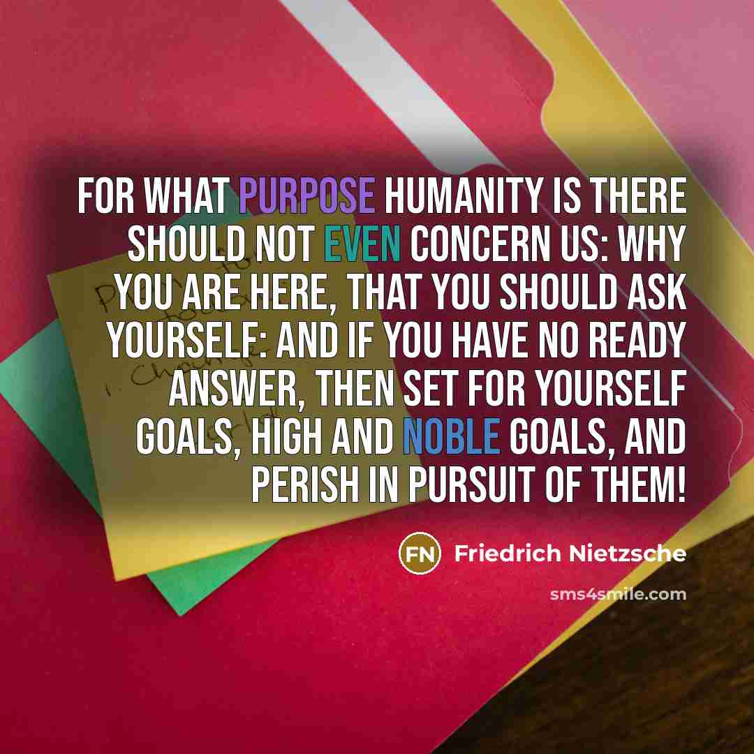 “For what purpose humanity is there should not even concern us: why you are here, that you should ask yourself: and if you have no ready answer, then set for yourself goals, high and noble goals, and perish in pursuit of them!” quote by Friedrich Nietzsche