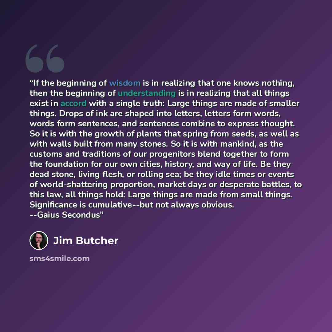 “If the beginning of wisdom is in realizing that one knows nothing, then the beginning of understanding is in realizing that all things exist in accord with a single truth: Large things are made of smaller things. Drops of ink are shaped into letters, letters form words, words form sentences, and…” quote by Jim Butcher