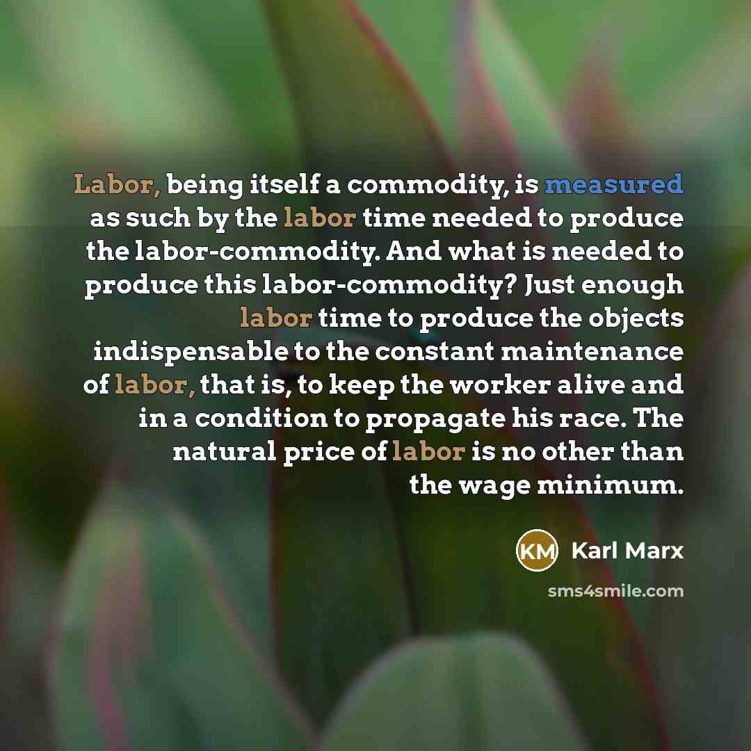 “Labor, being itself a commodity, is measured as such by the labor time needed to produce the labor-commodity. And what is needed to produce this labor-commodity? Just enough labor time to produce the objects indispensable to the constant maintenance of labor, that is, to keep the worker alive and…” quote by Karl Marx