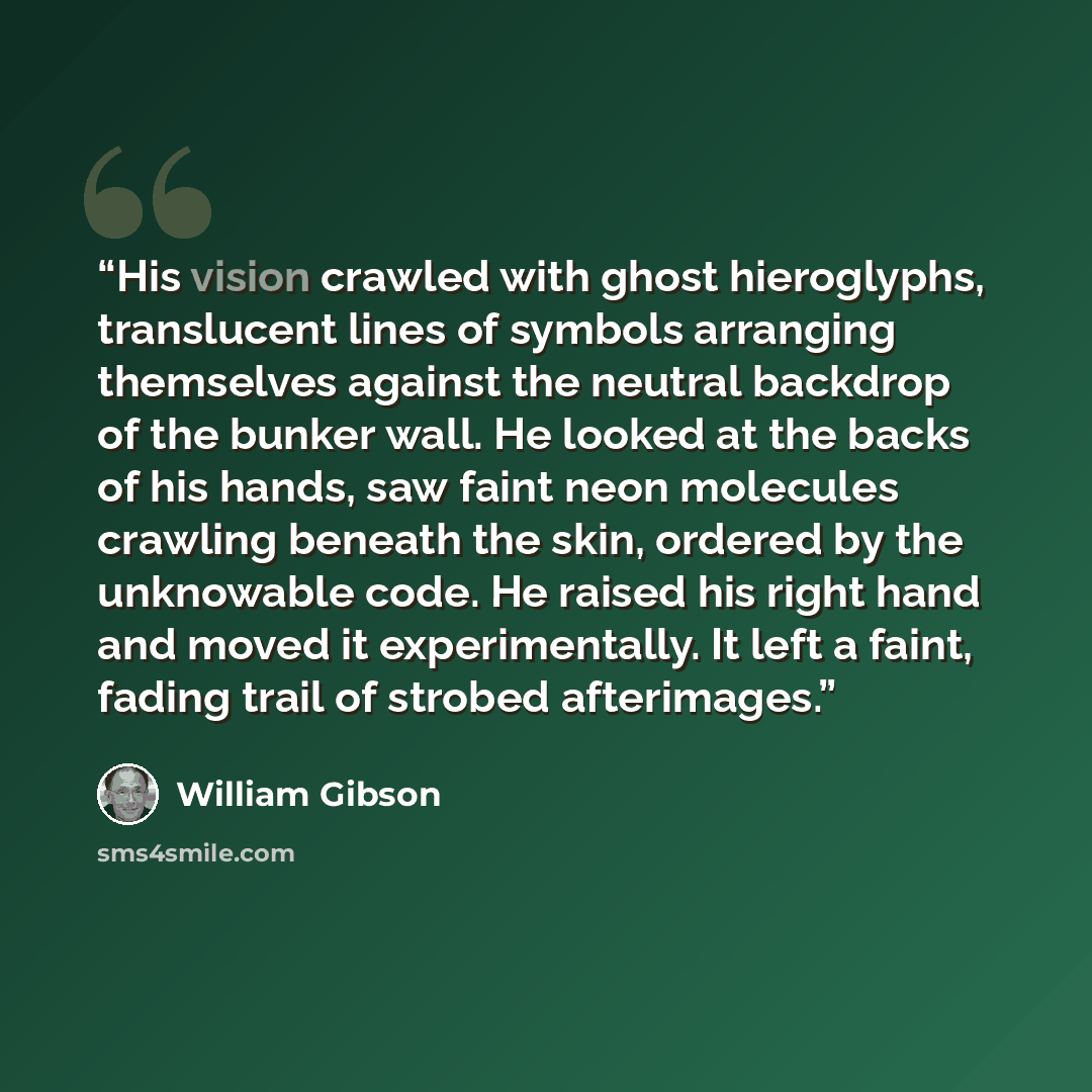 “His vision crawled with ghost hieroglyphs, translucent lines of symbols arranging themselves against the neutral backdrop of the bunker wall. He looked at the backs of his hands, saw faint neon molecules crawling beneath the skin, ordered by the unknowable code. He raised his right hand and moved…” quote by William Gibson