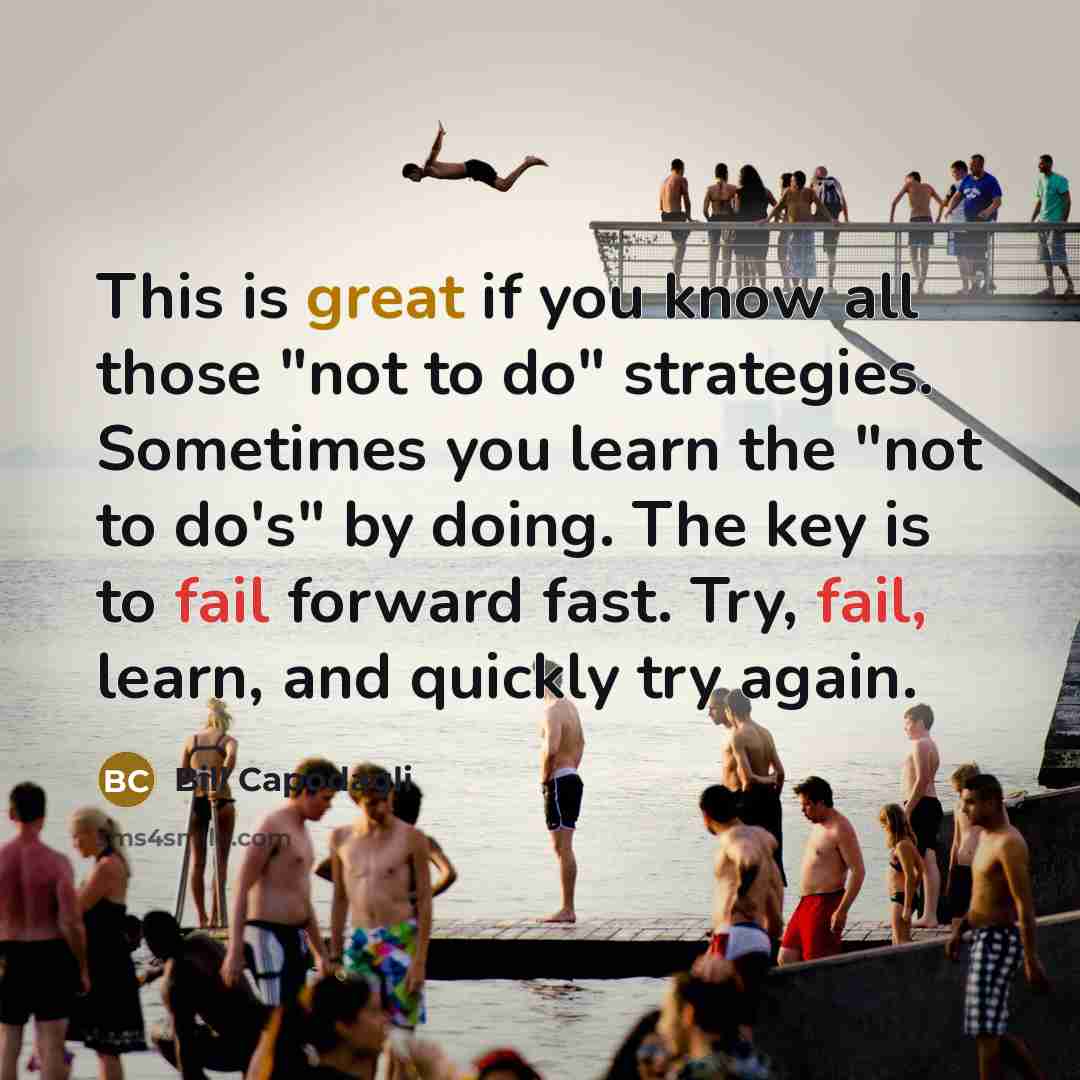 “This is great if you know all those "not to do" strategies. Sometimes you learn the "not to do's" by doing. The key is to fail forward fast. Try, fail, learn, and quickly try again.” quote by Bill Capodagli