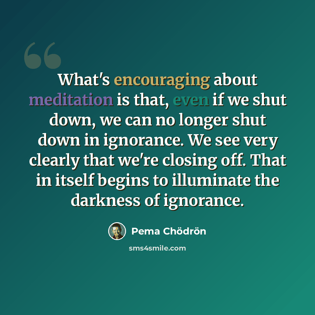 “What's encouraging about meditation is that, even if we shut down, we can no longer shut down in ignorance. We see very clearly that we're closing off. That in itself begins to illuminate the darkness of ignorance.” quote by Pema Chodron