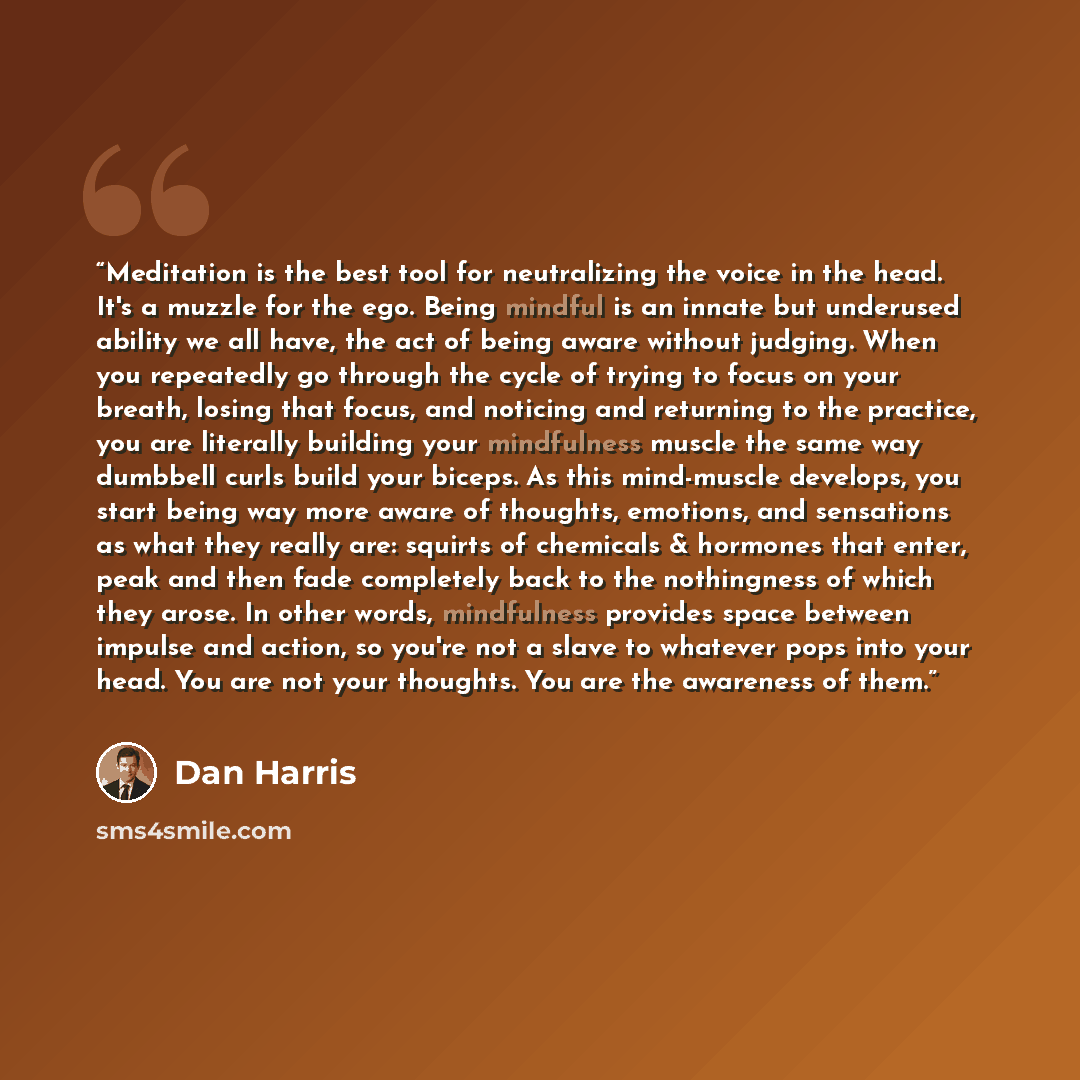 “Meditation is the best tool for neutralizing the voice in the head. It's a muzzle for the ego. Being mindful is an innate but underused ability we all have, the act of being aware without judging. When you repeatedly go through the cycle of trying to focus on your breath, losing that focus, and…” quote by Dan Harris