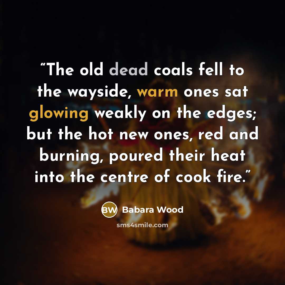 “The old dead coals fell to the wayside, warm ones sat glowing weakly on the edges; but the hot new ones, red and burning, poured their heat into the centre of cook fire.” quote by Babara Wood