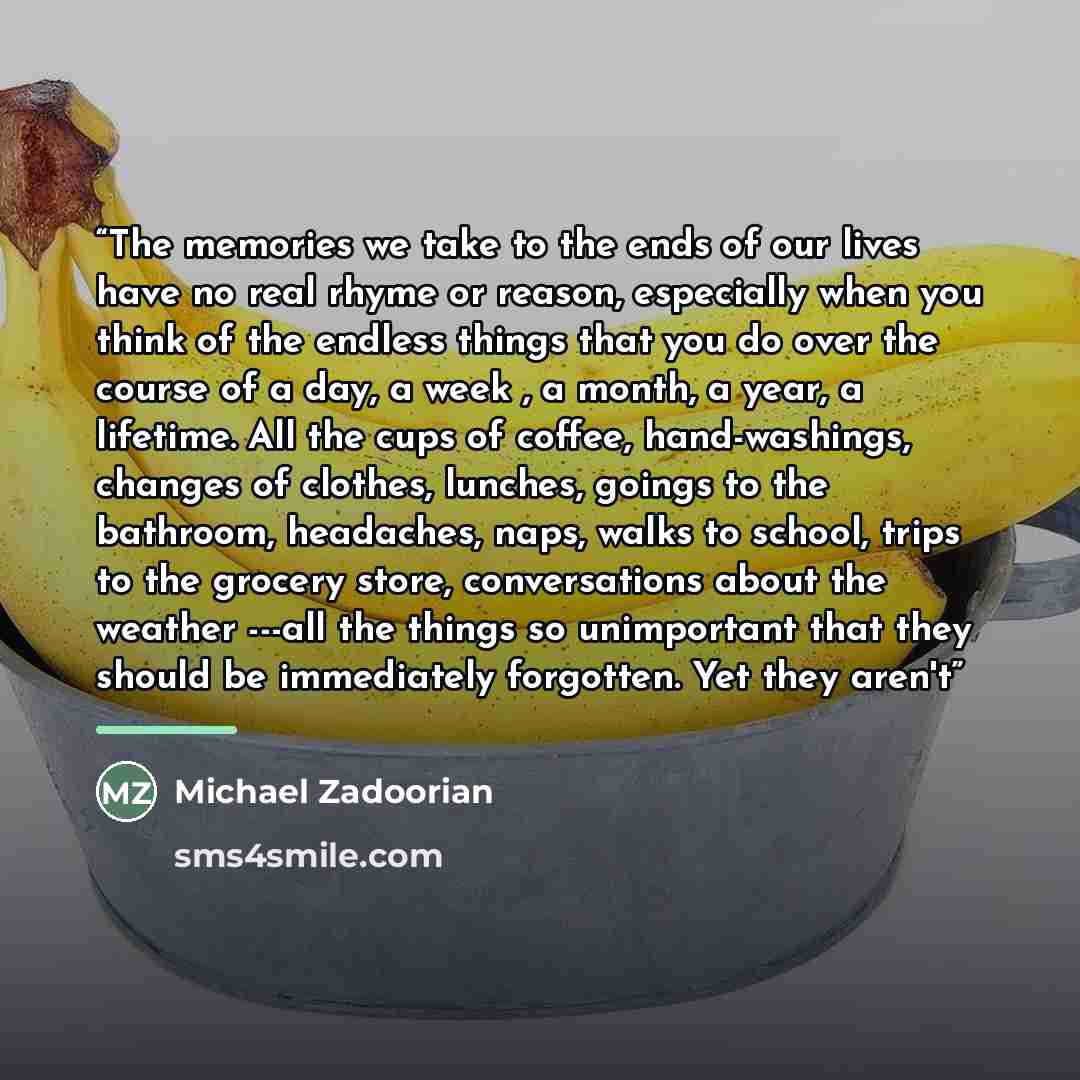 “The memories we take to the ends of our lives have no real rhyme or reason, especially when you think of the endless things that you do over the course of a day, a week , a month, a year, a lifetime. All the cups of coffee, hand-washings, changes of clothes, lunches, goings to the bathroom…” quote by Michael Zadoorian
