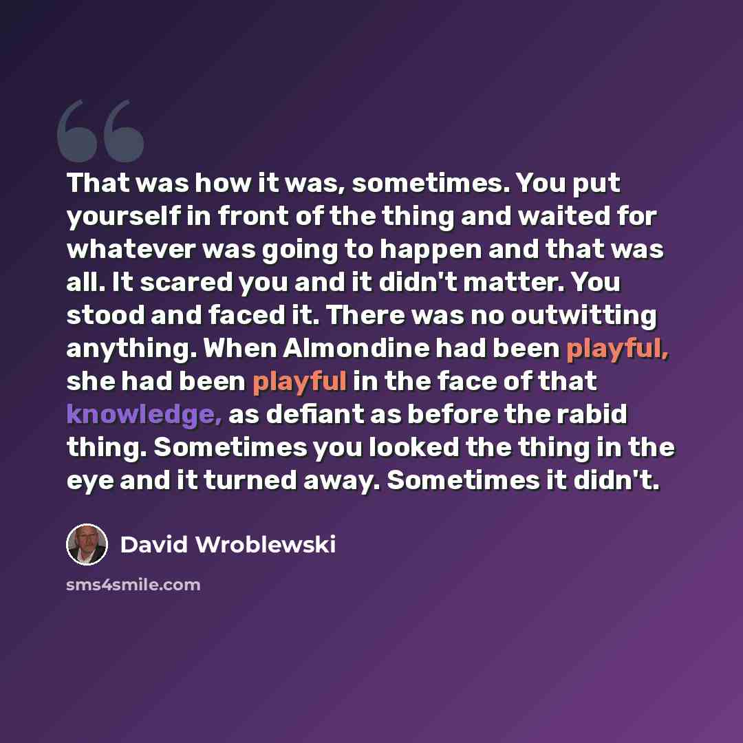“That was how it was, sometimes. You put yourself in front of the thing and waited for whatever was going to happen and that was all. It scared you and it didn't matter. You stood and faced it. There was no outwitting anything. When Almondine had been playful, she had been playful in the face of…” quote by David Wroblewski