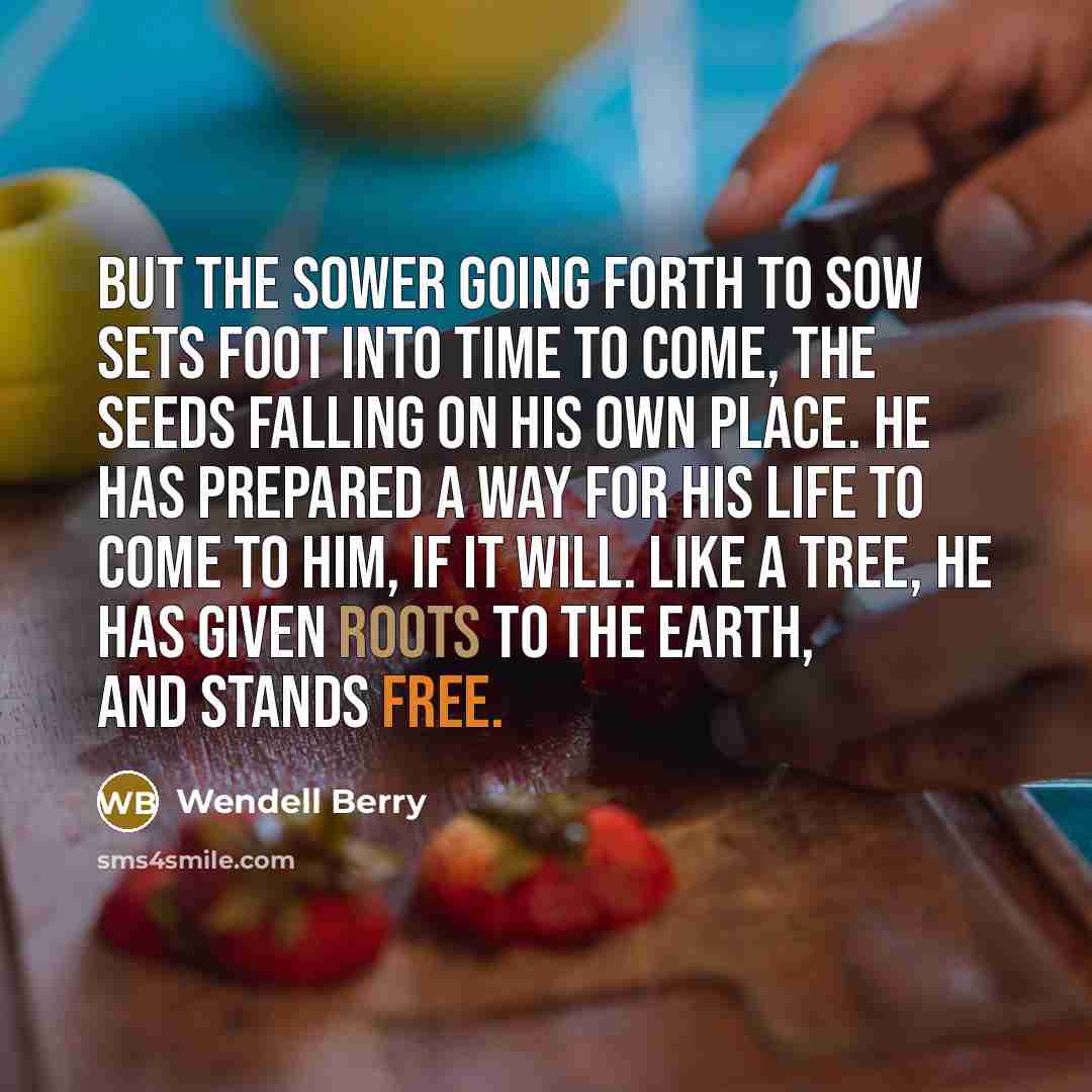“But the sower going forth to sow sets foot into time to come, the seeds falling on his own place. He has prepared a way for his life to come to him, if it will. Like a tree, he has given roots to the earth, and stands free.” quote by Wendell Berry