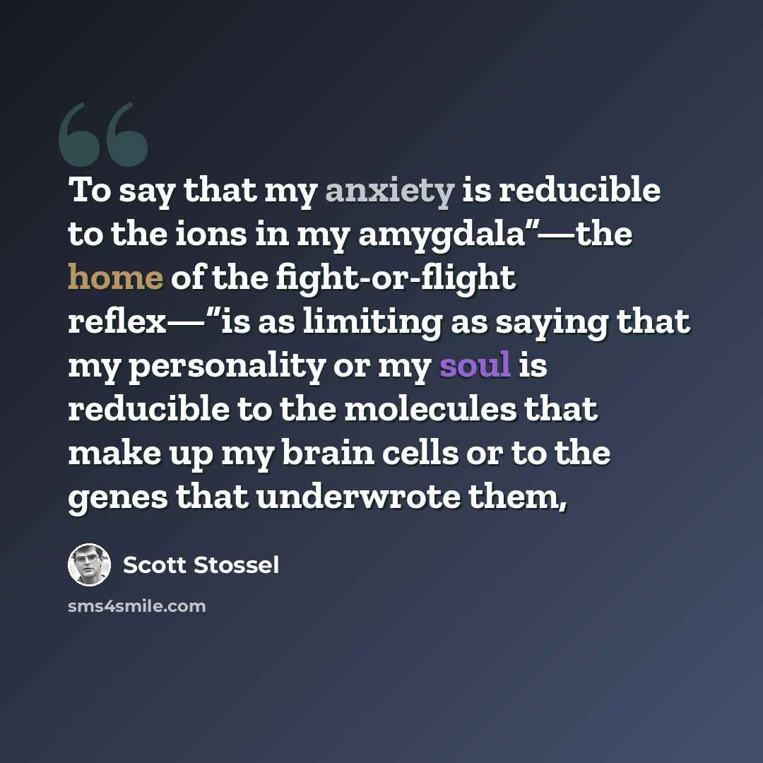 “To say that my anxiety is reducible to the ions in my amygdala”—the home of the fight-or-flight reflex—“is as limiting as saying that my personality or my soul is reducible to the molecules that make up my brain cells or to the genes that underwrote them,” quote by Scott Stossel