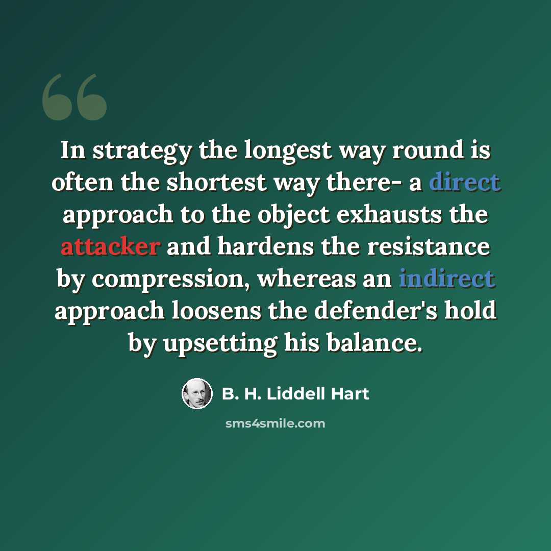 “In strategy the longest way round is often the shortest way there- a direct approach to the object exhausts the attacker and hardens the resistance by compression, whereas an indirect approach loosens the defender's hold by upsetting his balance.” quote by B. H. Liddell Hart