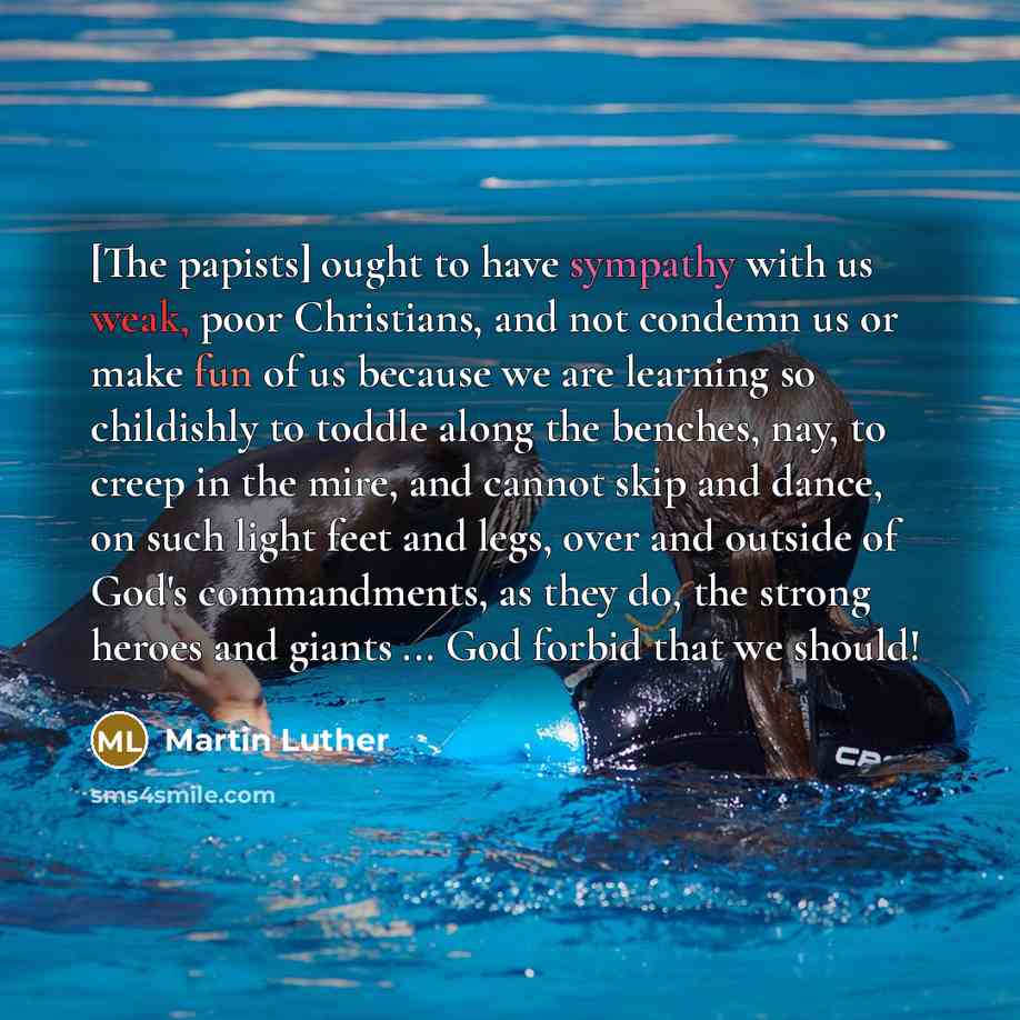 “[The papists] ought to have sympathy with us weak, poor Christians, and not condemn us or make fun of us because we are learning so childishly to toddle along the benches, nay, to creep in the mire, and cannot skip and dance, on such light feet and legs, over and outside of God's commandments, as…” quote by Martin Luther