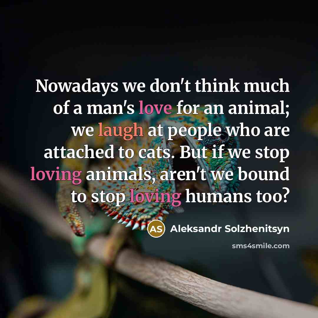 “Nowadays we don't think much of a man's love for an animal; we laugh at people who are attached to cats. But if we stop loving animals, aren't we bound to stop loving humans too?” quote by Aleksandr Solzhenitsyn