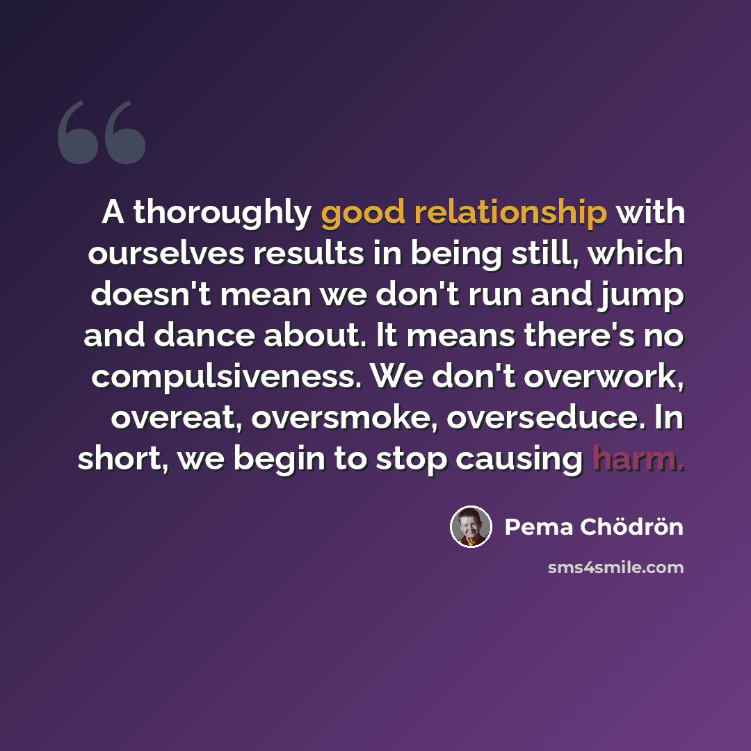 “A thoroughly good relationship with ourselves results in being still, which doesn't mean we don't run and jump and dance about. It means there's no compulsiveness. We don't overwork, overeat, oversmoke, overseduce. In short, we begin to stop causing harm.” quote by Pema Chodron