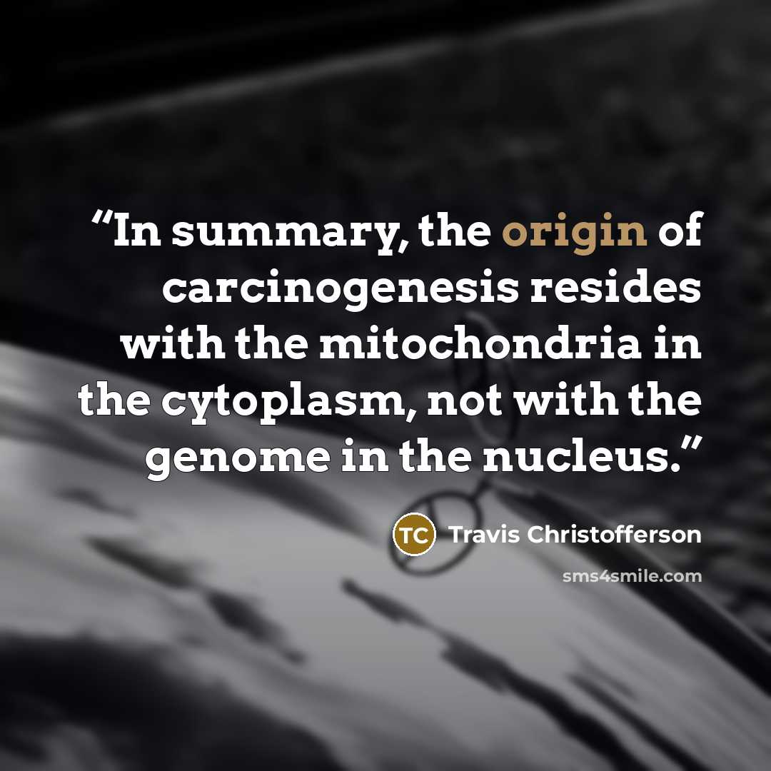 “In summary, the origin of carcinogenesis resides with the mitochondria in the cytoplasm, not with the genome in the nucleus.” quote by Travis Christofferson