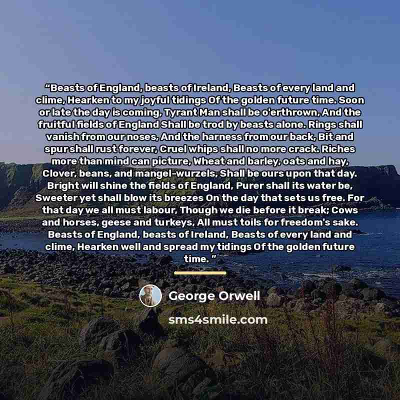 “Beasts of England, beasts of Ireland, Beasts of every land and clime, Hearken to my joyful tidings Of the golden future time. Soon or late the day is coming, Tyrant Man shall be o'erthrown, And the fruitful fields of England Shall be trod by beasts alone. Rings shall vanish from our noses, And the…” quote by George Orwell